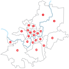 Grafische Karte der 21 Stadtbezirke von Vilnius mit ihrer Nummerierung.