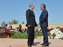 Prime Minister of Uzbekistan Shavkat Mirziyoyev with Vladimir Putin during visit to the burial of President Karimov in Samarkand in 2016 Vladimir Putin in Uzbekistan (2016-09-06) 03 cropped.jpg