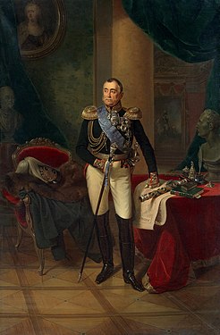 F.Kruger.  "Ritratto di Pyotr Mikhailovich Volkonsky".  1850  Tela, olio.  283 × 188 cm L'Eremo.  A destra della colonna, Kruger ha raffigurato un ritratto equestre di Alessandro I della sua opera