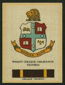 A cigarette card featuring the Wesley College's colours and crest (c. 1920s) Wesleycigarettecard.jpg