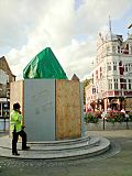 The World Cup Sculpture near Upton Park was boarded-up for protection before the visit of Millwall in August 2009. WestHamChampionsStatueMillWall.JPG