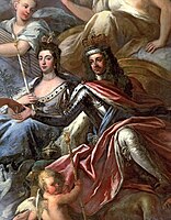 Guilherme III e Maria II recebem o ramo de oliveira da Paz. Pintura de James Thornhill, c.1700, Old Royal Naval College, em Greenwich.