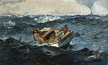 Tableau représentant une barque voguant dans une mer agitée, avec un homme noir à son bord.