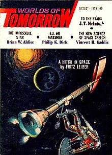 Leiber's "A Hitch in Space" took the cover of the August 1963 issue of Worlds of Tomorrow Worlds of tomorrow 196308.jpg