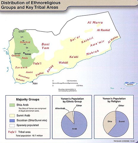 Yemen's tribal areas and Shia/Sunni regions. Shia Muslims predominant in the green area of Yemen's West, with the rest of Yemen being Sunni Muslims Yemen ethno 2002.jpg