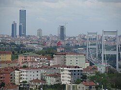 A view of the Bosporus from Kavacık. Businesses and residential buildings intersperse with secondary growth forests on a hilly landscape.