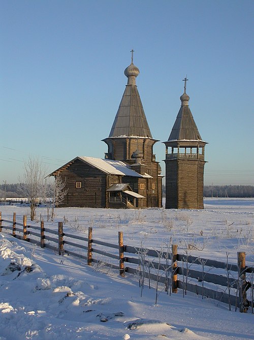 The Saunino Pogost: the wooden church of St. John Chrysostom (1665) with bell tower