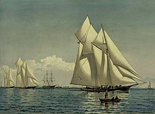 Painting depicting the America's Cup's Countess of Dufferin, America, Grant and Madeleine schooners in 1876. "A stern chase and a long one. Countess of Dufferin, America, Grant, Madeleine".jpg