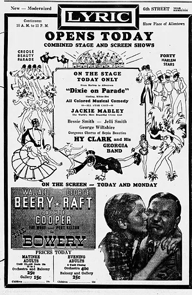 1933 Chitlin' Circuit theatre ad billing Jackie Mabley as "The World's Most Beautiful Creole Girl"