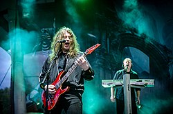 Most songs of German band Blind Guardian are based on fantasy, mythology and science fiction, and their live shows often feature fantasy decorations. 20160515 Gelsenkirchen RockHard Festival Blind Guardian 0204.jpg