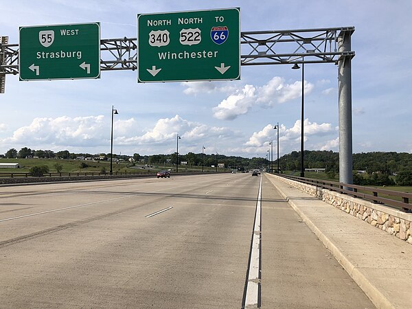 View north along US 340/522 and west along SR 55 departing Front Royal