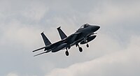 A US Air Force F-15C Eagle, tail number 85-0112, on final approach at Kadena Air Base in Okinawa, Japan. It is assigned to the 18th Wing at Kadena AB.