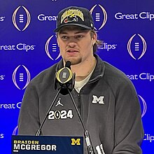 Talking to the press at media day ahead of the 2024 CFP National Championship. 2024-0106-Braiden McGregor.jpg