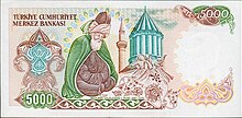 Rumi and his mausoleum on the reverse of the 5000 Turkish lira banknotes of 1981–1994