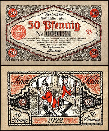 Nota de 50 Pfennig Notgeld emitida pela cidade alemã de Colônia em 1922. A nota inclui uma representação de dois membros da guarda de carnaval Rote Funken com os uniformes dos soldados da cidade de Colônia, que realizam uma dança tradicional conhecida como "Stippeföttche". A nota leva a assinatura do então prefeito Konrad Adenauer, posteriormente o primeiro chanceler da República Federal da Alemanha (definição 4 801 × 5 748)