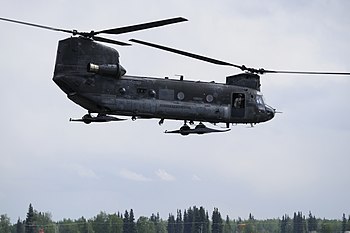 CH-47 Chinook helicopter, assigned to B Company, 1st Battalion, 52nd Aviation Regiment, lands at Fort Wainwright's Hangar 1 52nd Av Reg CH-47 Chinook at Ft. Wainwright 02.jpg