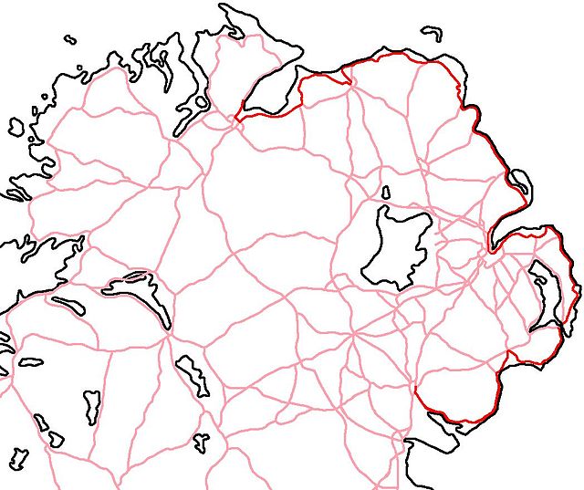 The A2 coastal route shown in red from Derry to Newry.