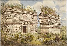 Elaborate stone facades in Chichen Itza's "Monjas" complex in 1902 Adela Breton - Ruins at Chichen Itza Yucatan Mexico Depicts east facade of Monjas - (MeisterDrucke-1020179).jpg