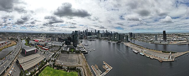 Aerial panorama of the Docklands from Ron Barassi Sr Park, March 2023