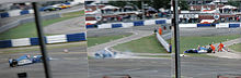 Trois clichés montrent le tête-à-queue de la Pacific PR02 de Montermini : sur le premier, il sort de la piste ; sur le second, il part en tête-à-queue sur la piste, sur le dernier, il est évacué par les commissaires de piste
