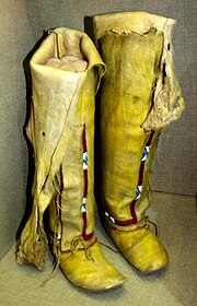 Arapaho women's leggings and moccasins, 1910, Oklahoma History Center Arapaho leggings moccasins 1910 OHS.jpg