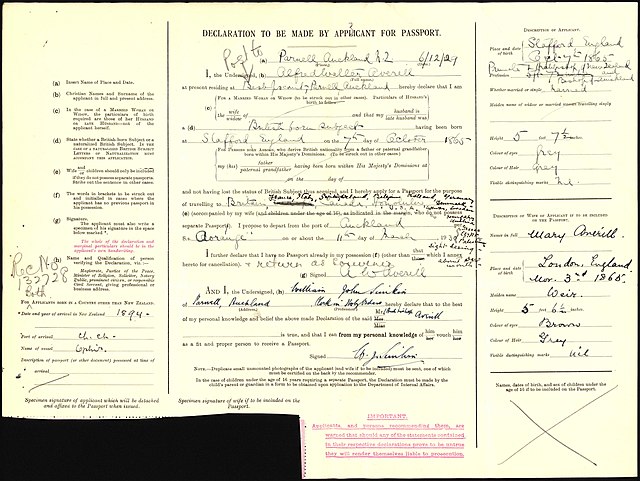 Archbishop Alfred Averill and Mary Averill passport application (1929)