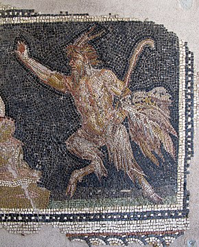 Ancient Roman mosaic showing a horned, goat-legged Pan holding a shepherd's crook. Much of Satan's traditional iconography is apparently derived from Pan. Arte romana, mosaico con eros, 04.JPG