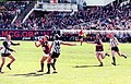 Australian Rules football at the Melbourne Cricket Ground. The player taking the mark is Alastair Lynch of the Brisbane Lions, against Collingwood Football Club.