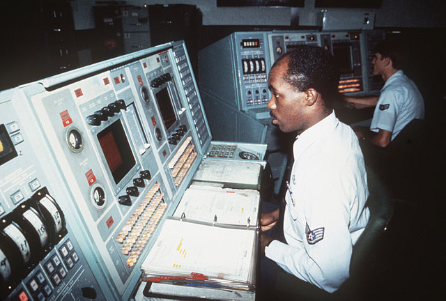 BMEWS tracking monitors in the Thule Tactical Operations Room, which were upgraded in 1987.