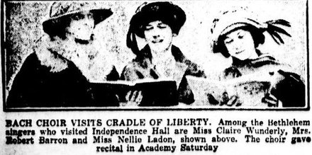 Members of the Bach Choir of Bethlehem were photographed prior to their November 1922 performance at Philadelphia's Academy of Music. Bach Choir Visits Cradle of Liberty (Philadelphia Evening Public Ledger, November 6, 1922).jpg