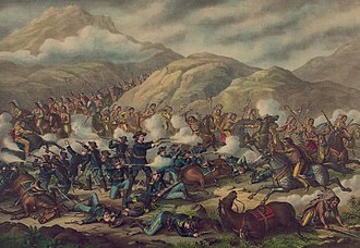 Illustration of Custer's defeat at the Battle of the Little Bighorn, after the failure of the second Treaty of Fort Laramie and the outbreak of the Great Sioux War Battle of the Big Horn LCCN2003656850 (cropped).jpg