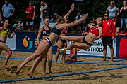 Deutsch: Beachhandball U-17-Europameisterschaften 2019 (Beach handball Euro); Tag 2: 28. Juni – Mädchen, Hauptrundengruppe I, Ungarn-Deutschland 2:1 (16:18, 23:11, 9:8) English: 2019 Women's Ech Beach Handball 17; Day 2: 28 June 2019 – Girls Main Round Group I – Hungary Vs. Germany 2:1 (16:18, 23:11, 9:8)