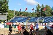 Deutsch: Beachhandball Europameisterschaften 2019 (Beach handball Euro); Tag 1: 2. Juli 2019 – Männer, Vorrunde Gruppe D, Polen-Schweden 2:1 (18:10, 15:9; 8:6) English: Beach handball Euro; Day 1: 2 July 2019 – Men Preliminary Round Group D – Poland-Sweden 2:1 (18:10, 15:9; 8:6)