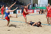 Deutsch: Beachhandball Europameisterschaften 2019 (Beach handball Euro); Tag 2: 3. Juli 2019 – Männer, Vorrunde Gruppe B, Serbien-Portugal 2:0 (20:15, 88:17) English: Beach handball Euro; Day 2: 3 July 2019 – Men Preliminary Round Group B - Serbia-Portugal 2:0 (20:15, 88:17)