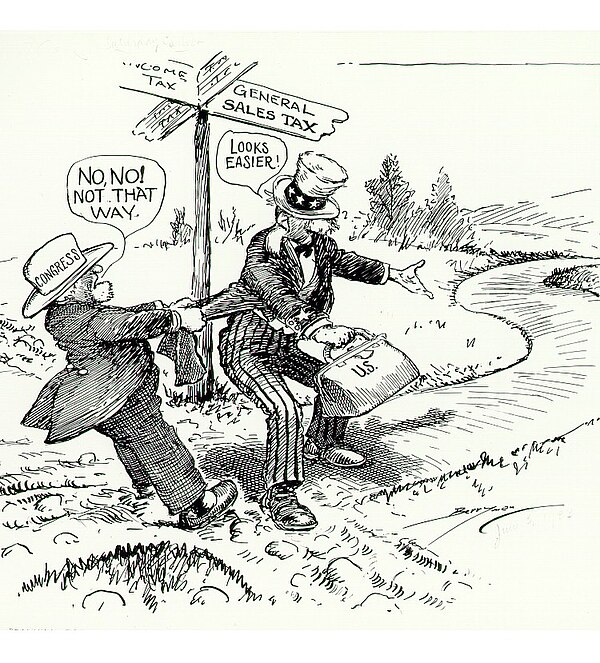 "No, No! Not That Way"—political cartoon from 1933 commenting on a general sales tax over an income tax