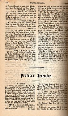 A page from the Bible Society edition of 1891. The picture shows the start of Jeremiah, with chapter summaries. Bibel002.jpg