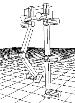 ヒト型二足歩行ロボットの制御モデル。円筒形はモーターの配置を表す。二足歩行ロボット研究の初期に多く見られた胴体の無いタイプ。脚の揺動の影響が大きく、歩行制御は困難だった