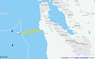 A map of Blueseed's planned sea platform (and two buoys for positioning) in relation to the California coast. Also shown on the map are Half Moon Bay (the closest port) and the Silicon Valley area ranging from San Francisco in the north to San Jose in the south. The thick white line is the boundary of the official territorial waters of the United States. The cusp is due to the presence of the Farallon Islands, over which the US exercises territorial control, located in the north-west part of the map. Blueseed map.jpg