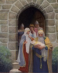 Мерлин уносит новорождённого Артура (рис. Н. К. Уайета, 1922)