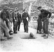 British and Partisan commanders visit the bridge at Niksic, which is prepared for demolition by Royal Engineer sappers to hamper the German retreat Bridge at Niksit, prepared for demolition.jpg