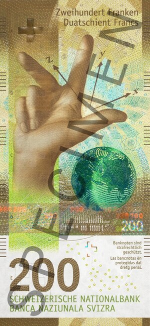 Illustration of the right-hand rule on the ninth series of the Swiss 200-francs banknote.