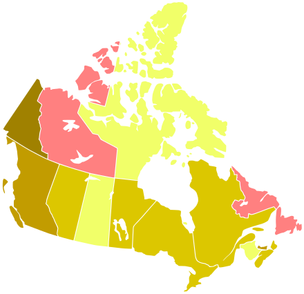 Map of Canadian provinces and territories by population growth rate (2016–2021).  < 4.0%   4.0%–7.0%   7.0%–10.0%  > 10.0%  population decline
