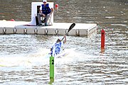 Deutsch: Kanusport bei den Olympischen Jugendspielen 2018; Tag 10, 16. Oktober 2018; Finale Jungen Einer-Kajak-Slalom: Lan Tominc (Slowenien, Gold) - Guan Changheng (China, Silber) - Tom Bouchardon (Frankreich, Bronze) English: Canoeing at the 2018 Summer Youth Olympics at 16 October 2018 – Boys' K1 slalom Gold Medal Race: Lan Tominc (Slovenia, gold) - Guan Changheng (China, silver) - Tom Bouchardon (France, bronze)