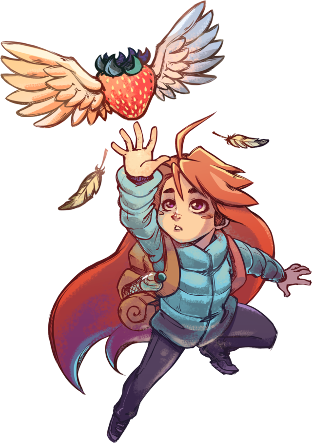 A drawing of the character Madeline from the video game "Celeste": a white girl with long red hair, dressed in hiking gear, jumping and reaching upwards towards a winged strawberry.