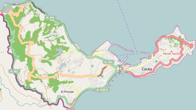 Mapa konturowa Ceuty, po prawej znajduje się punkt z opisem „miejsce bitwy”