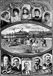 Nellie Stewart, Florence Maude Young and other female celebrities participated in a charity football match, 1894, East Melbourne Cricket Ground Charity football match Melbourne.jpg