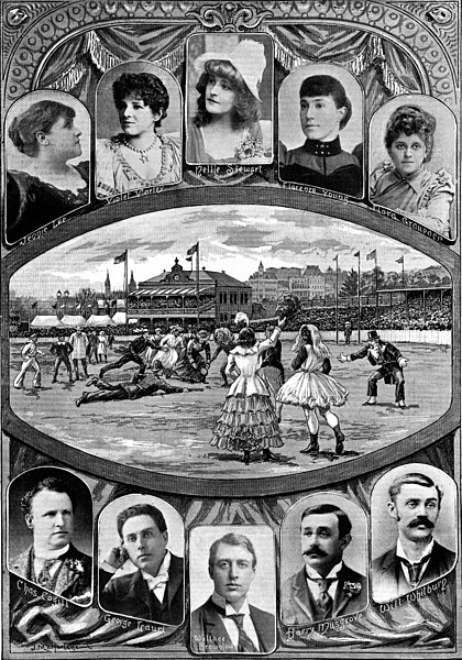 Nellie Stewart, Florence Maude Young, Jennie Lee and other female celebrities participated in a charity football match, 1894, East Melbourne Cricket G