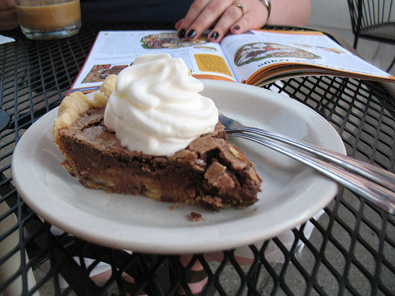 File:Chocolate chess pie while reading a magazine.jpg