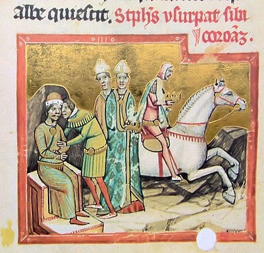 Stephen III's uncle, Ladislaus II usurps the throne (from the Illuminated Chronicle)