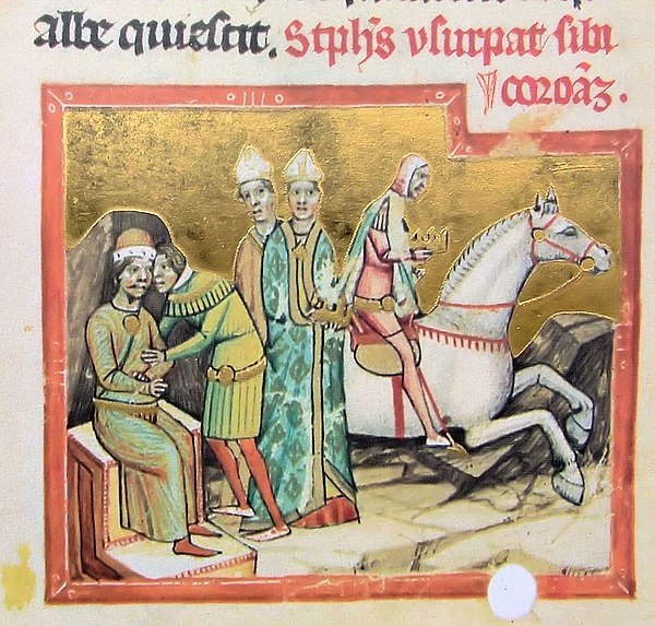 Ladislaus II, steals the crown (the throne) from his nephew, Stephen III (from the Illuminated Chronicle)